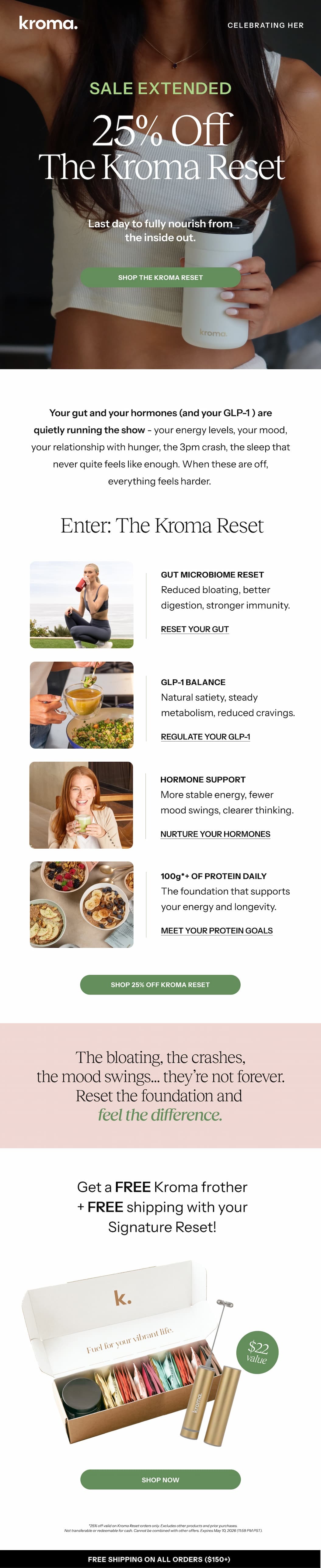 Your gut and your hormones (and your GLP-1 ) are quietly running the show - your energy levels, your mood, your relationship with hunger, the 3pm crash, the sleep that never quite feels like enough. When these are off, everything feels harder.  Shop The Kroma Reset