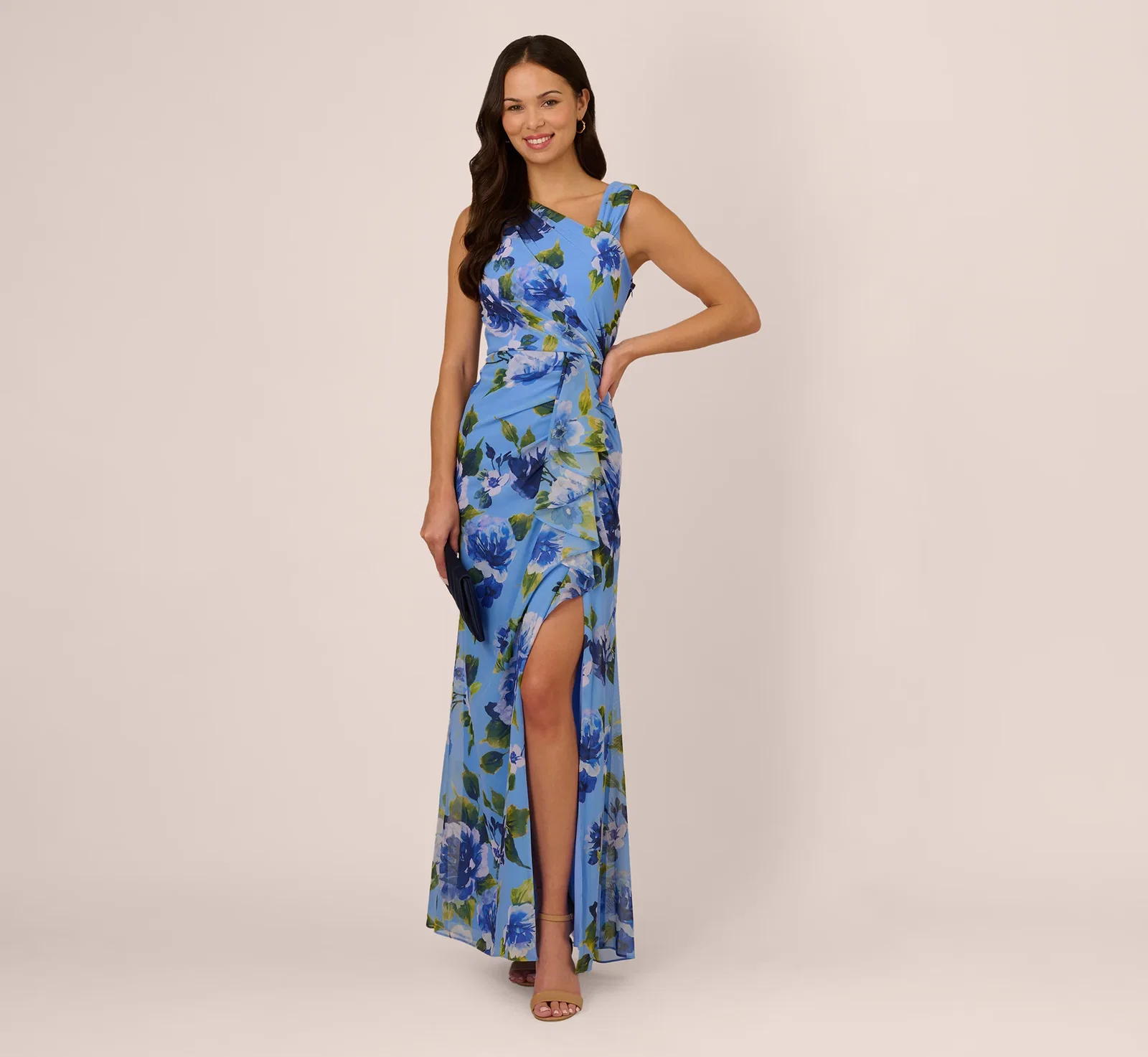 Image of Asymmetrical Draped Floral Chiffon Gown In Blue Multi