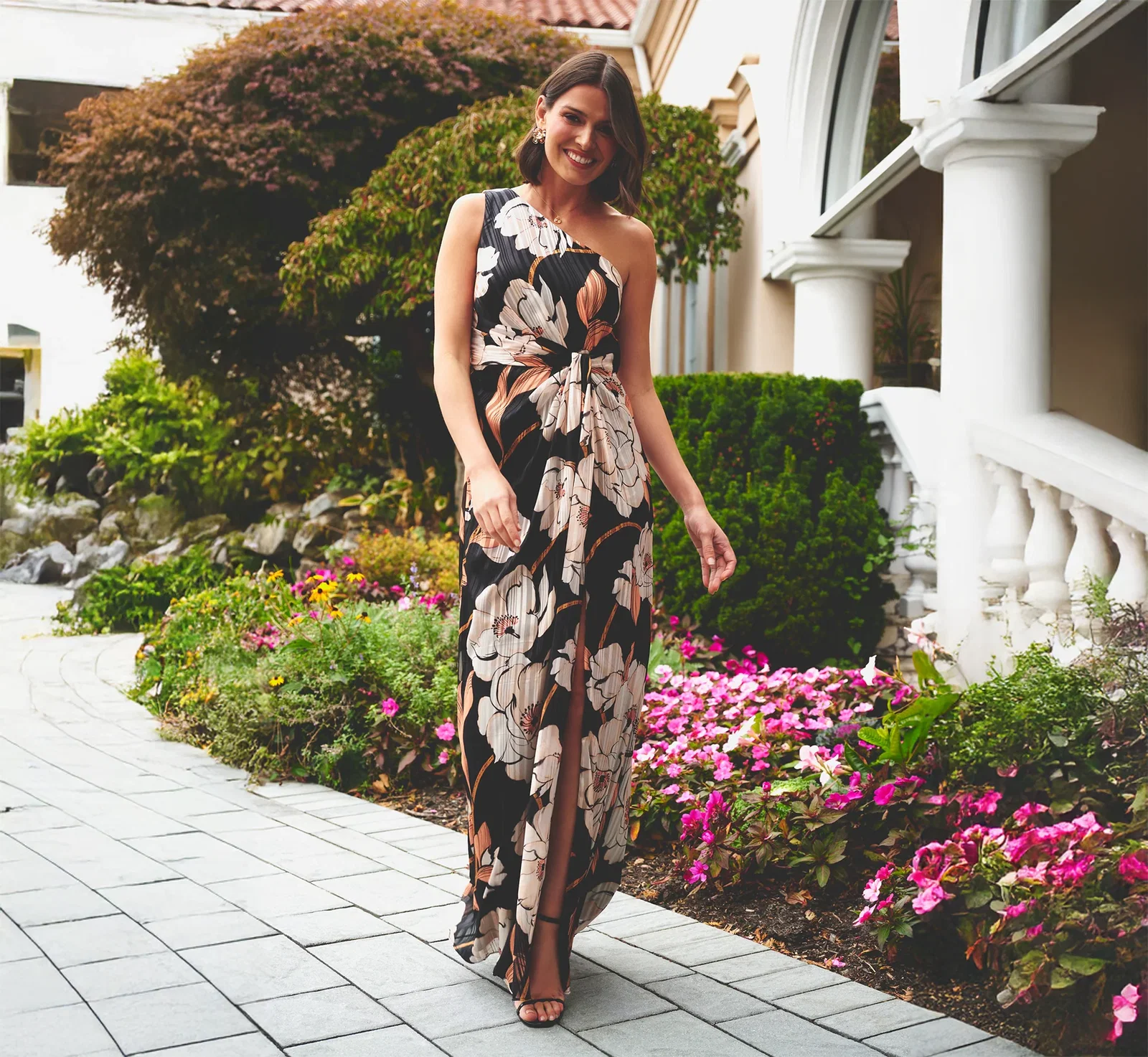 Image of One Shoulder Floral Ribbon Stripe Gown In Black Multi