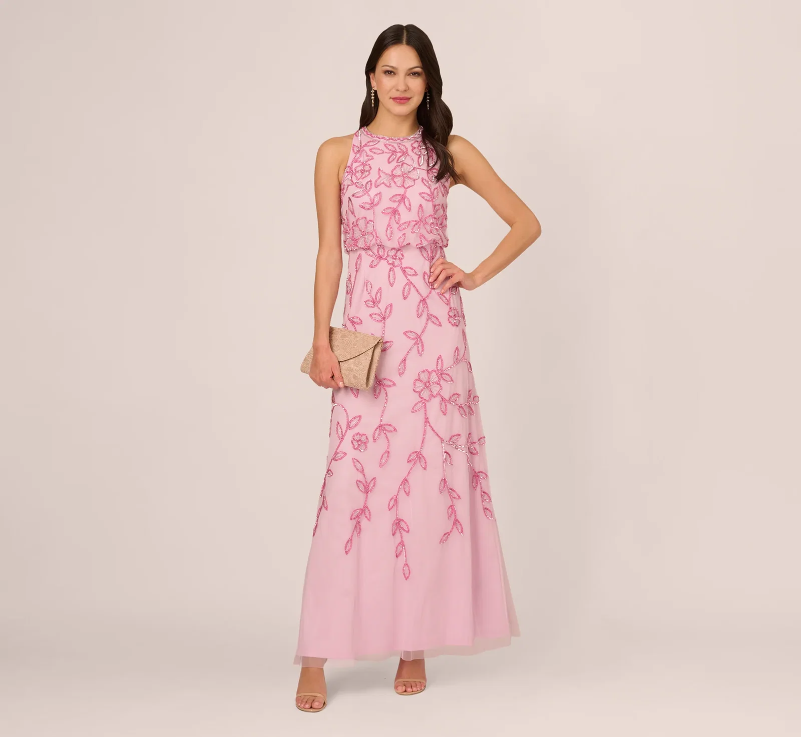 Image of Sleeveless Blouson Mermaid Gown With Jasmine Beading In Pink Lace