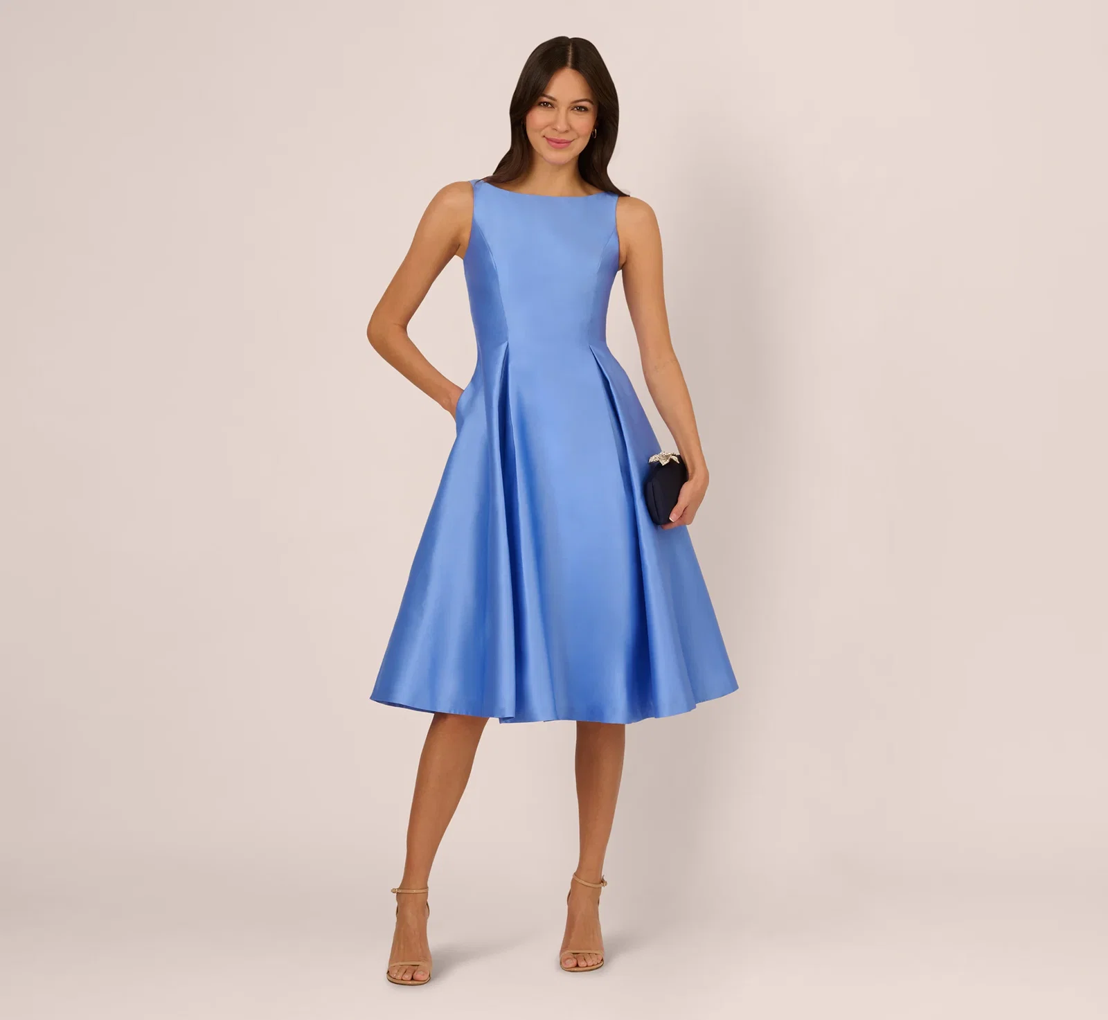 Image of Sleeveless Mikado Fit And Flare Midi Dress With V-Back In Electric Ice