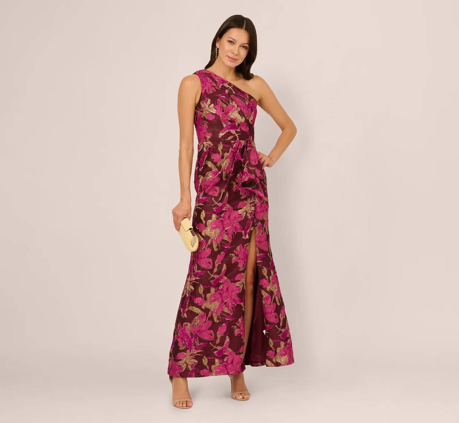 Image of One Shoulder Jacquard Dress In Burgundy Gold