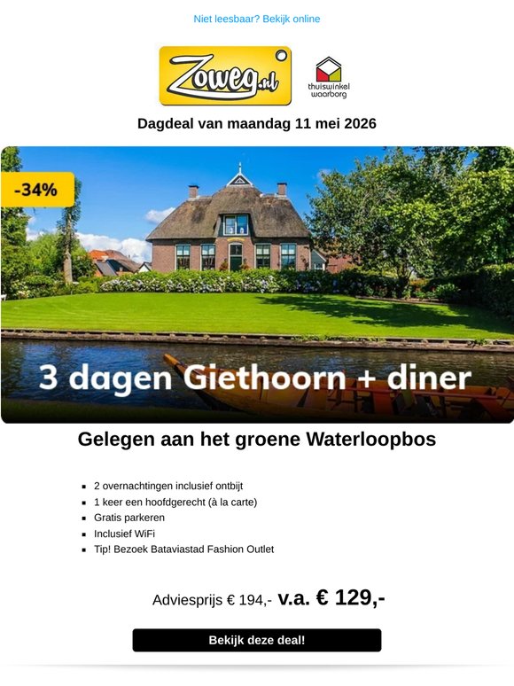 3 dagen Giethoorn + diner v.a. 129,-