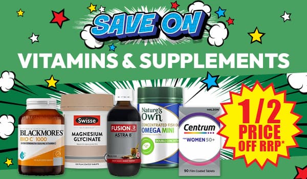 ½ price off RRP top vitamins & supplements brand. Exclusions apply