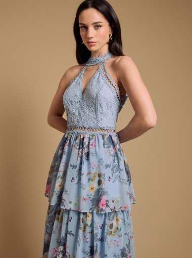 Lace Tiered Halter Neck Midi Dress