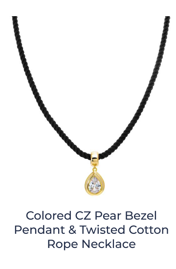 Colored CZ Pear Bezel Pendant & Twisted Cotton Rope Necklace