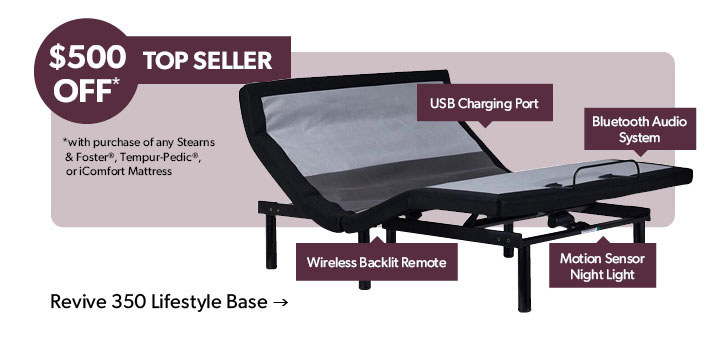 500 dollars OFF. With purchase of select mattress. Top Seller. USB Charging port. Click to shop the Revive 350 Lifestyle Base