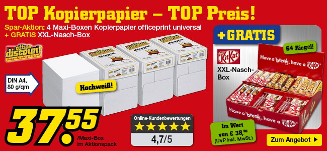 Spar-Aktion: 4 Maxi-Boxen Kopierpapier + gratis XXL-Nasch-Box