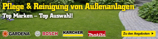 Pflege & Reinigung von Außenanlagen. Top Marken – Top Auswahl. Von Abfallsäcken, Gartenscheren, Besen, Waschbürsten, Bewässerungssets, Fensterreinigung, Garten- und Arbeitshandschuhe, Gartenpumpen, Gartenschlauch-Wägen, Heckenscheren, Kettensägen, Hochdruckreiniger, Kehrmaschinen, Laubsauger & -bläser, Pflanzenkübel und Rankhilfen, Rasen- und Beetpflege-Artikel, Rasenmäher, Mähroboter, Rasentrimmer, Winterbedarf