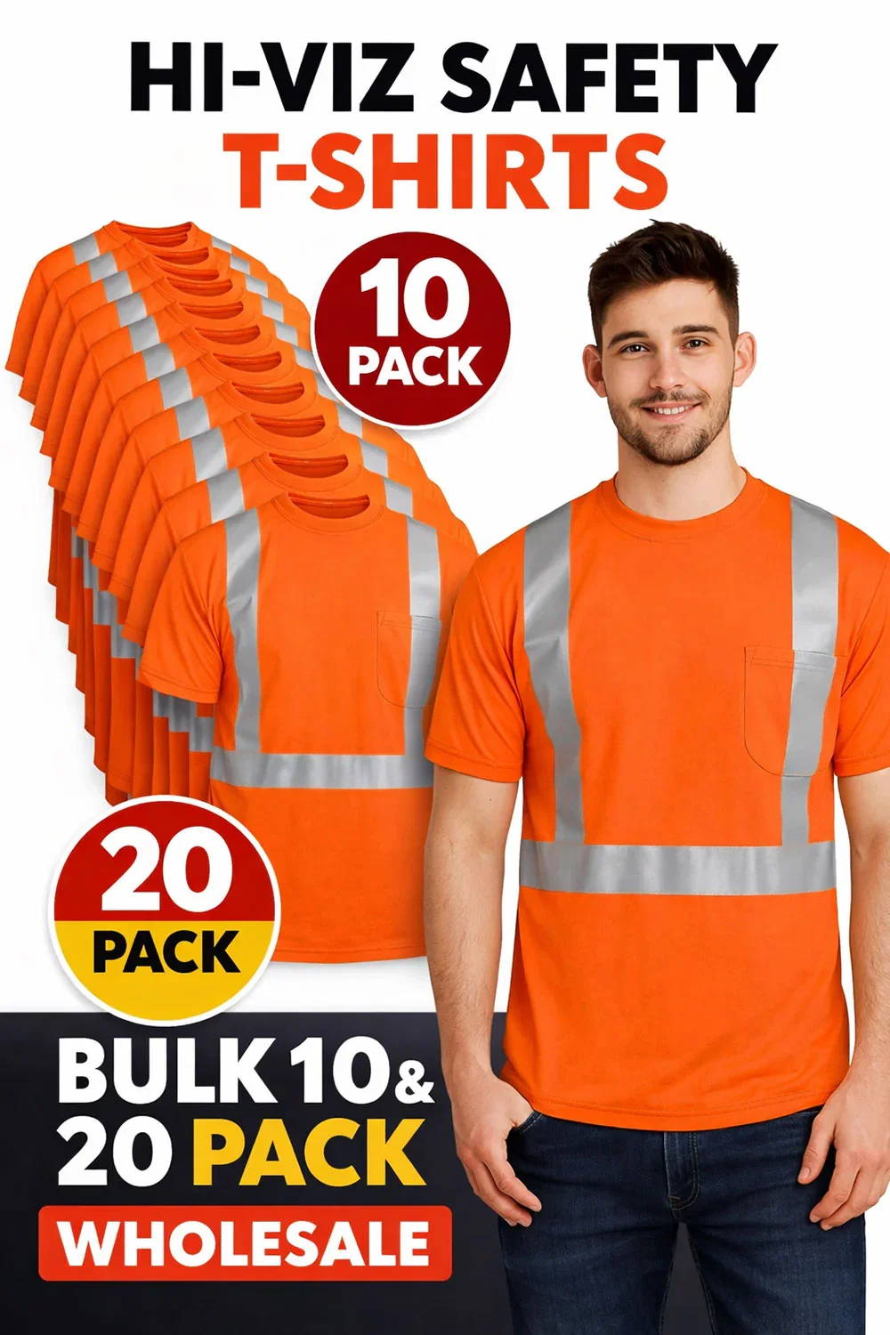 Image of High Visibility Orange Safety Reflective Tape T-Shirt  – 10 or 20 Pack