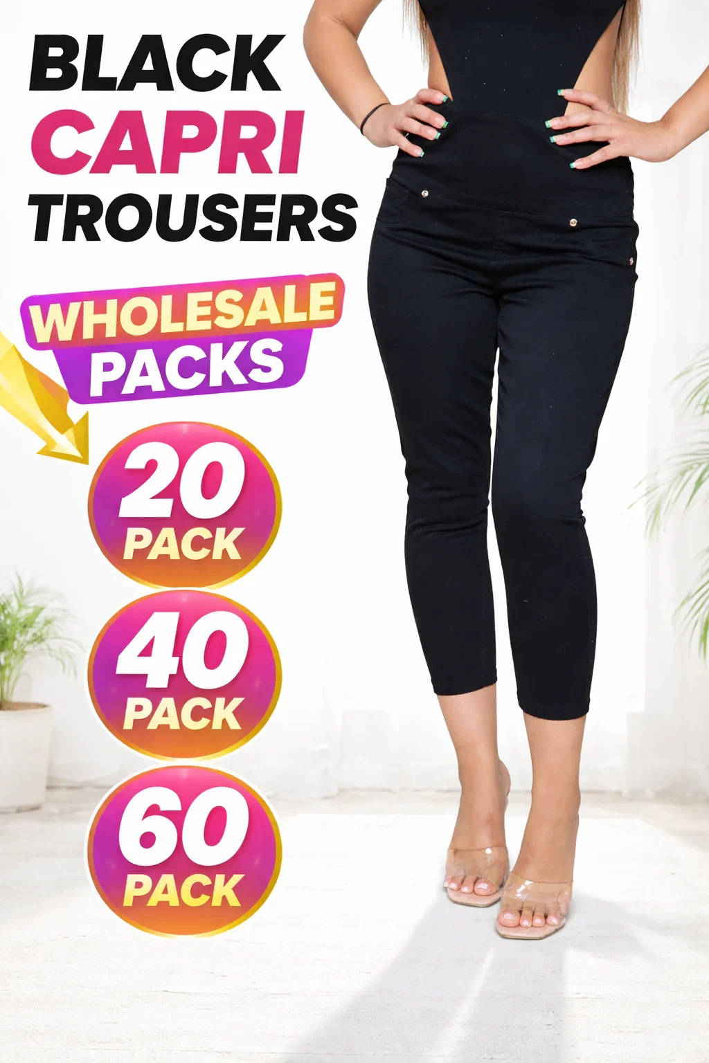 Image of Women’s Cropped Half Elastic Capri Trousers - 20/40/60 Pack - From £1.41 Per Unit