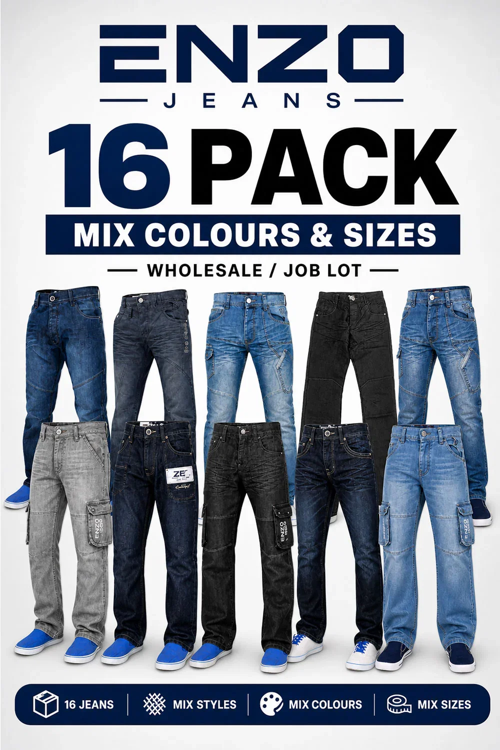 Image of 16 Pack Enzo Men’s Jeans Wholesale – Mixed Colours & Sizes