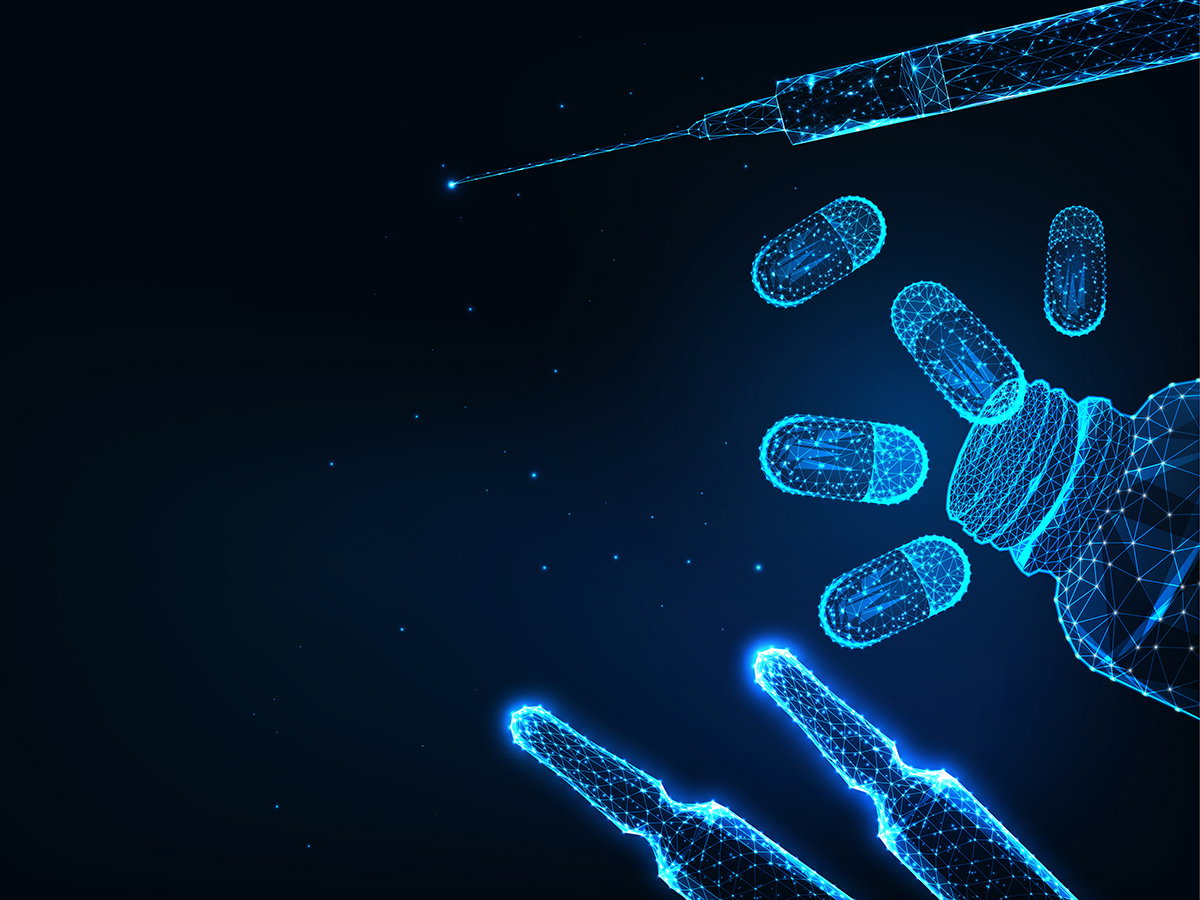 Futuristic medicine concept with glowing bottle pills, syringe, vial