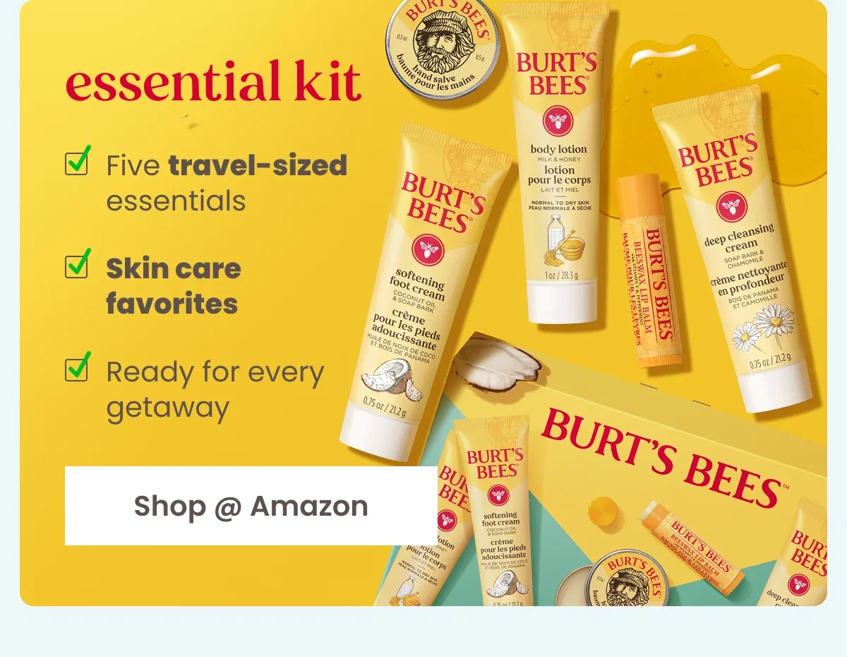 Essential Kit. Five travel-sized essentials, skin care favorites, ready for every getaway. Button: Shop at Amazon