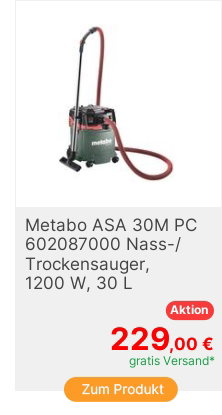 Metabo ASA 30M PC 602087000 NassTrockensauger 1er Set 1200W 30l Staubklasse M zertifiziert antistatisch
