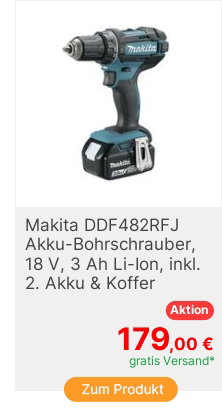 Makita DDF482RFJ DDF482RFJ AkkuBohrschrauber 18V 3Ah LiIon inkl 2 Akku inkl Koffer