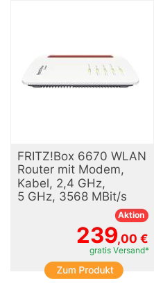 Fritz WLAN Router mit Modem FRITZBox 6670 Cable Integriertes Modem Kabel 24 GHz 5 GHz 3568 MBits