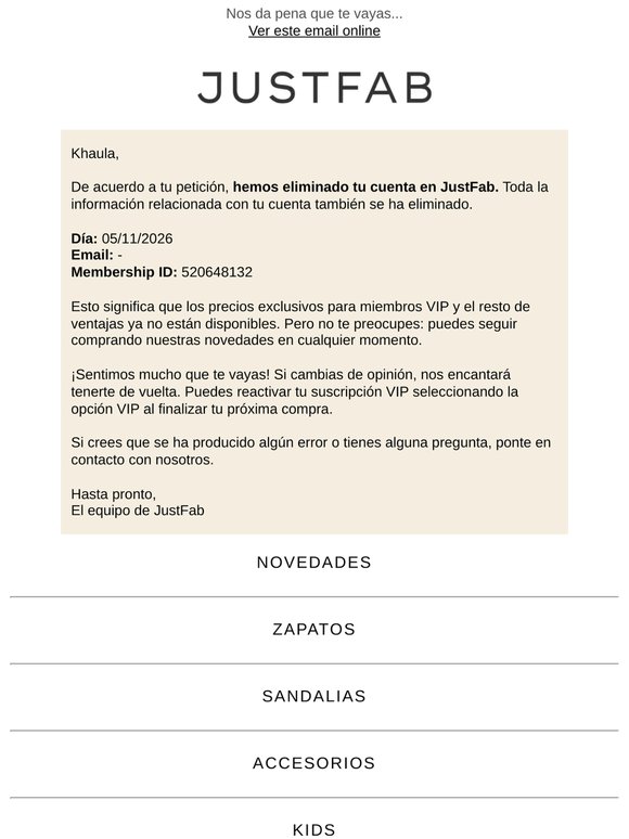Tu cuenta en JustFab se ha cancelado