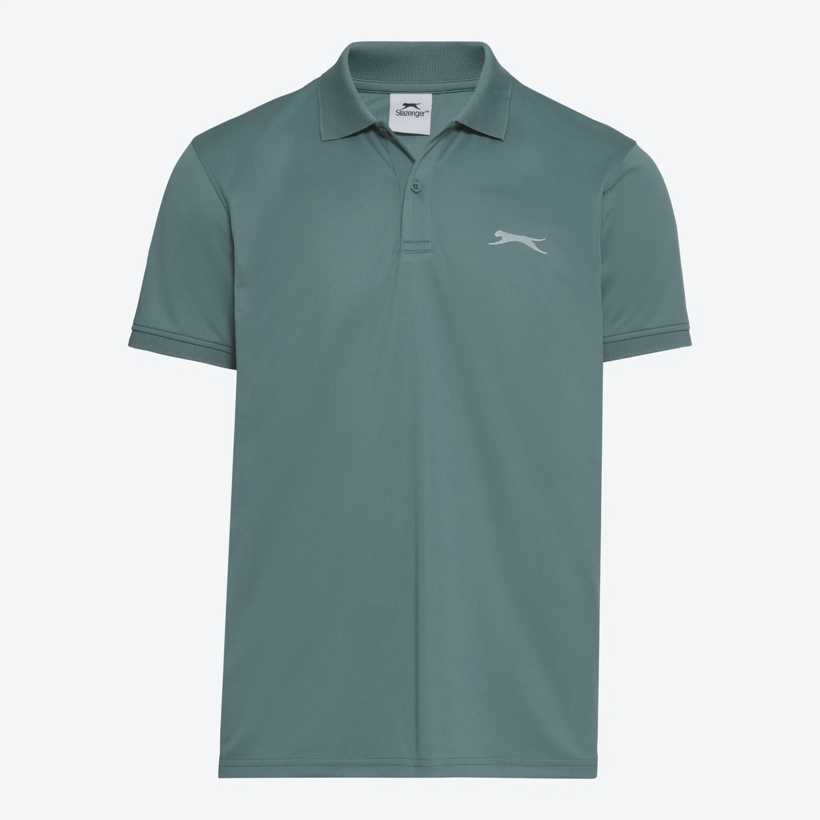 Poloshirt, dunkelgrün, kurzärmelig, mit Knopfleiste, Produktansicht, Vorderansicht.