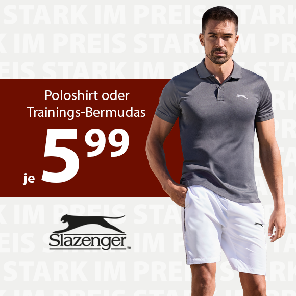 Poloshirt oder Trainings-Bermudas je 5,99€. Herrenmodel trägt graues Poloshirt und weiße Trainingsbermudas mit Streifen an der Seite, Vorderansicht.