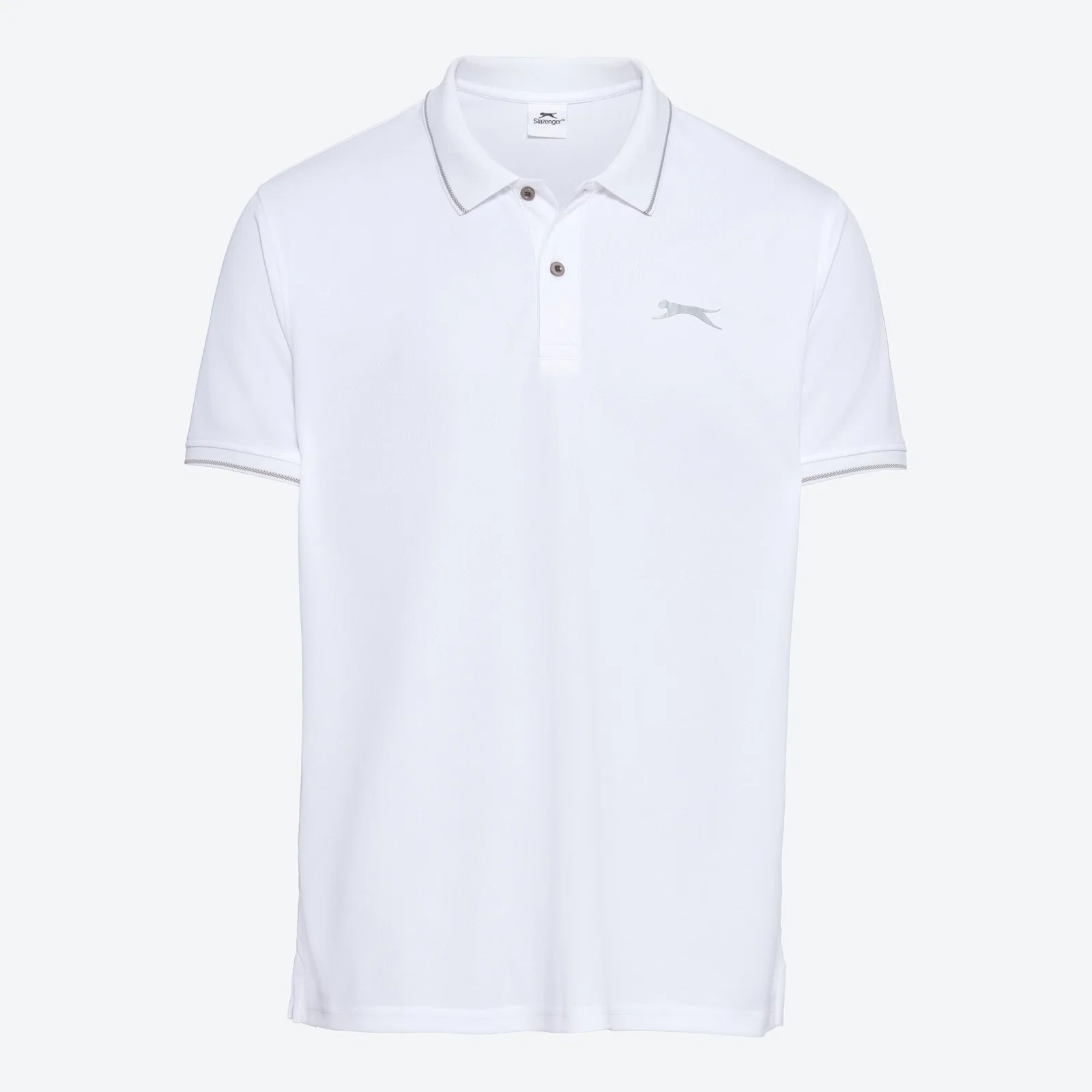 Poloshirt, weiß, kurzärmelig, mit Knopfleiste, Produktansicht, Vorderansicht.