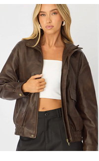 Brown Bomber Jacket Washed Faux Leather