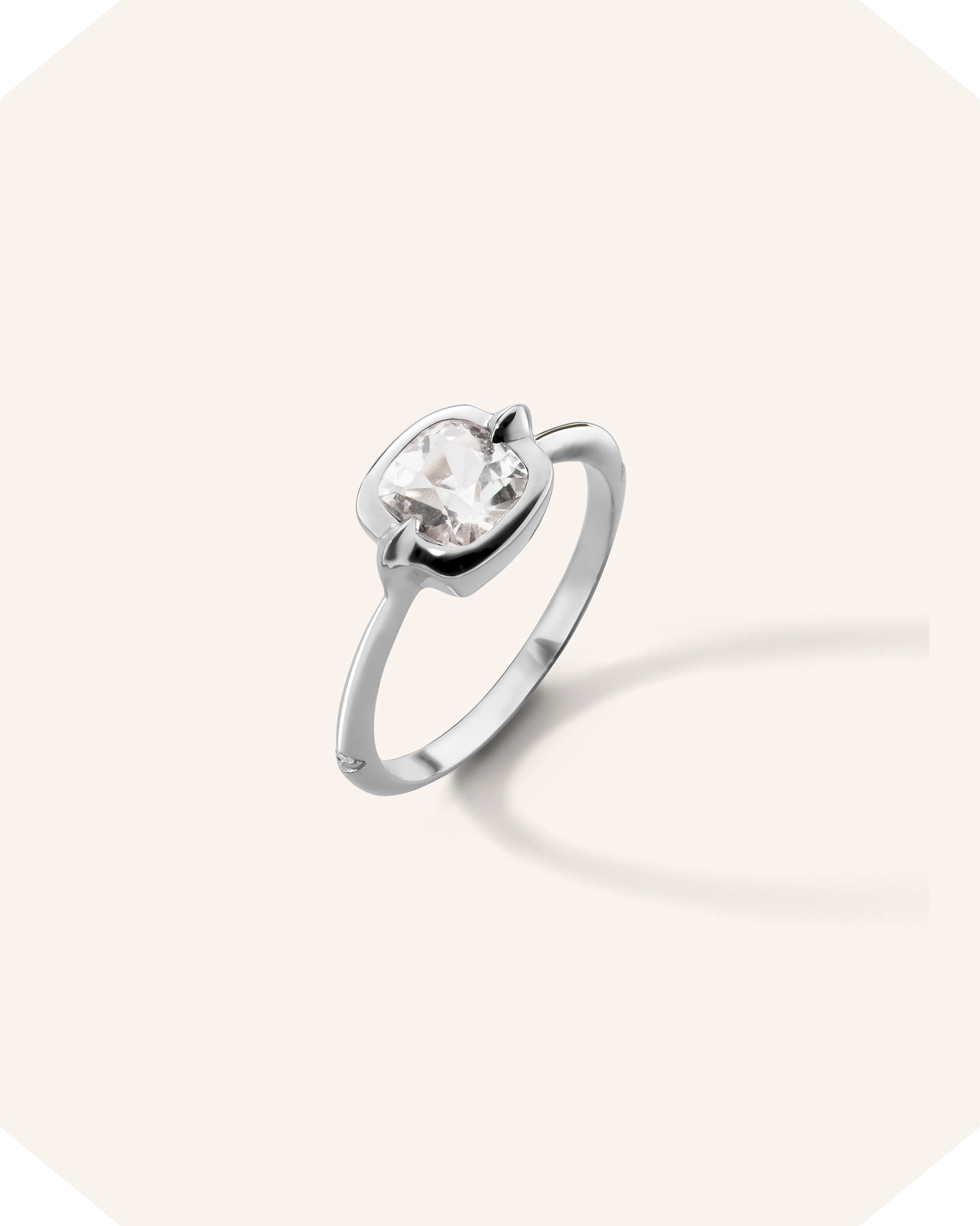 "Points North" Cushion Rock Crystal Ring with White Sapphires