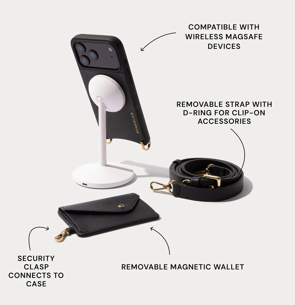 COMPATIBLE WITH WIRELESS MAGSAFE DEVICES REMOVABLE STRAP WITH D-RING FOR CLIP-ON ACCESSORIES SECURITY CLASP CONNECTS TO CASE REMOVABLE MAGNETIC WALLET