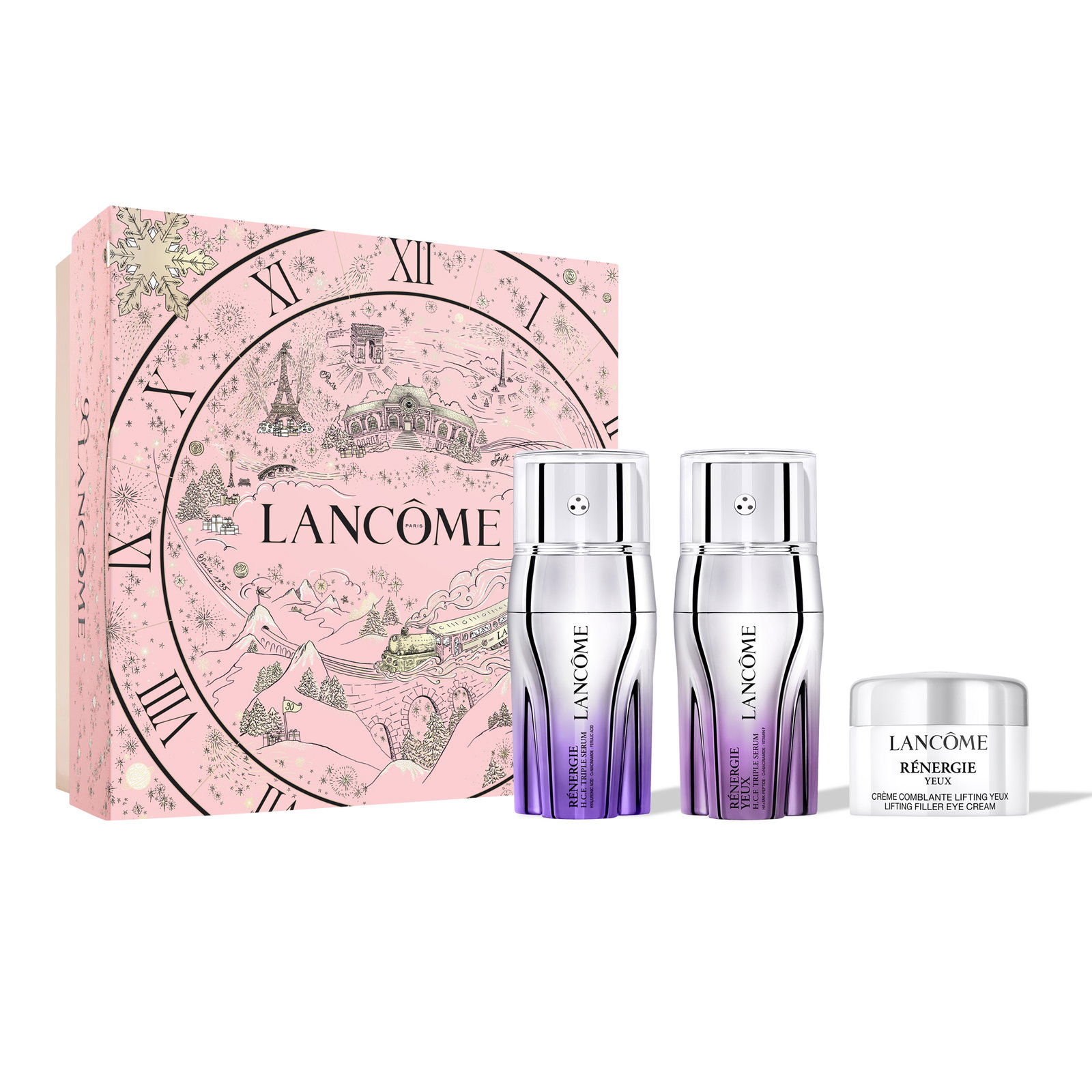 Cofanetto natalizio Lancôme rosa con Rénergie Triple Serum e crema contorno occhi Rénergie Yeux.