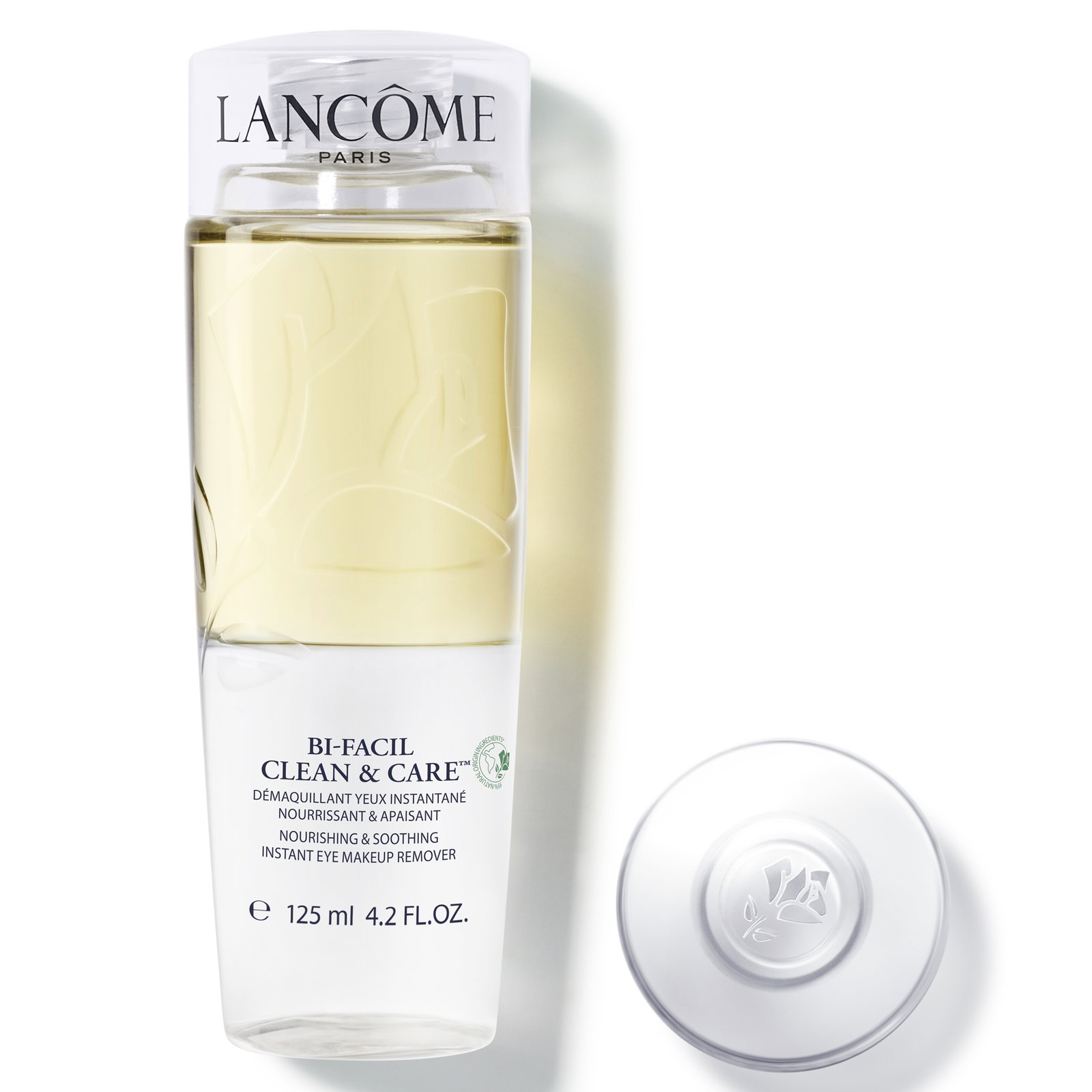 Flacone Lancôme Bi-Facil Clean & Care 125ml, struccante bifasico occhi nutriente e lenitivo.