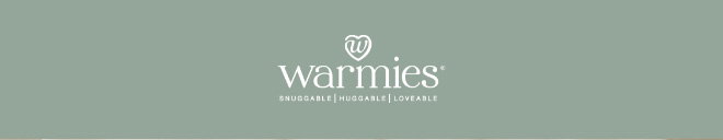 White Warmies logo on green background. Shop now.
