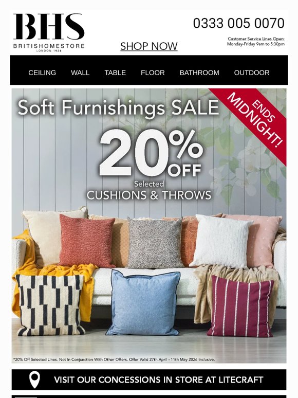 BHS - Ends Midnight. Soft Furnishings Sale *20% Off Selected Cushions & Throws 🌞