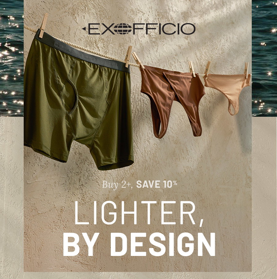 Exofficio logo, green boxer briefs and two pairs of women's underwear hanging on a line, text says buy 2 save 10 percent, lighter by design.