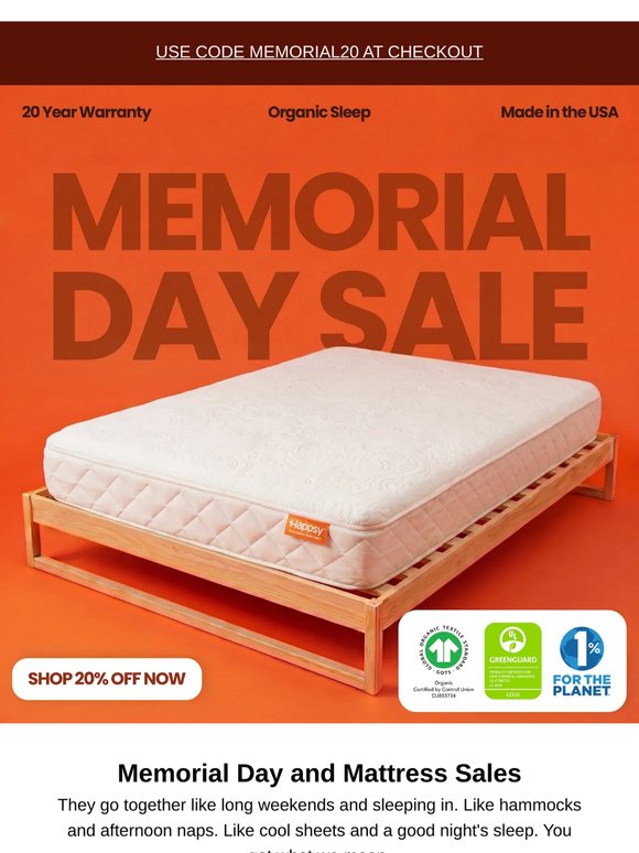 Memorial Day starts now! Save 20%