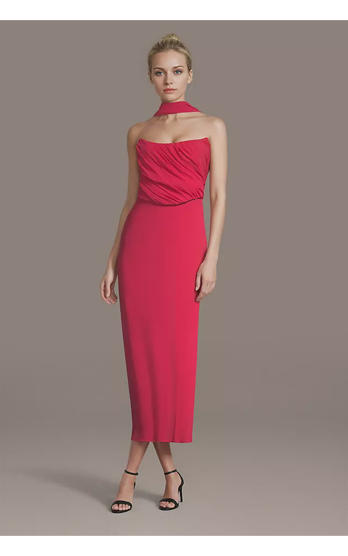 Chiffon Sheath Dress with Pleated Bodice and Scarf