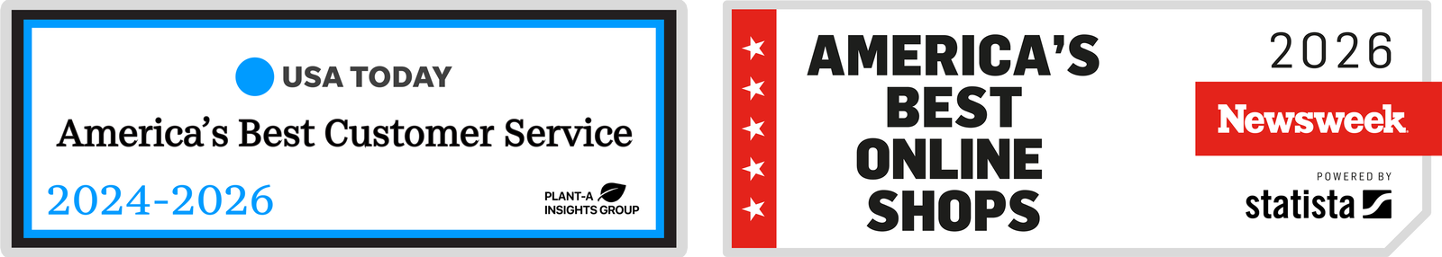 Two awards for 'America's Best Customer Service 2024-2026' and 'America's Best Online Shops 2026' with respective logos.
