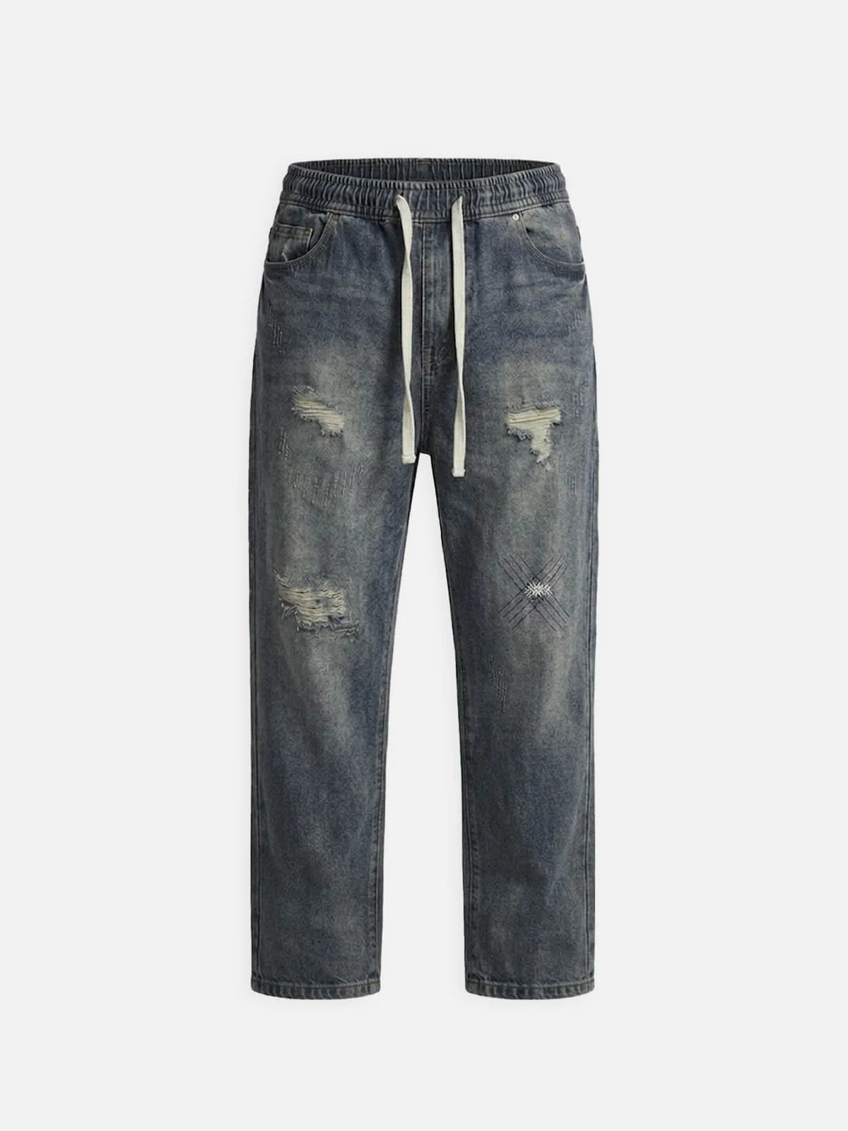 Image of Men's Washed Distressed Denim Drawstring Tapered Pants