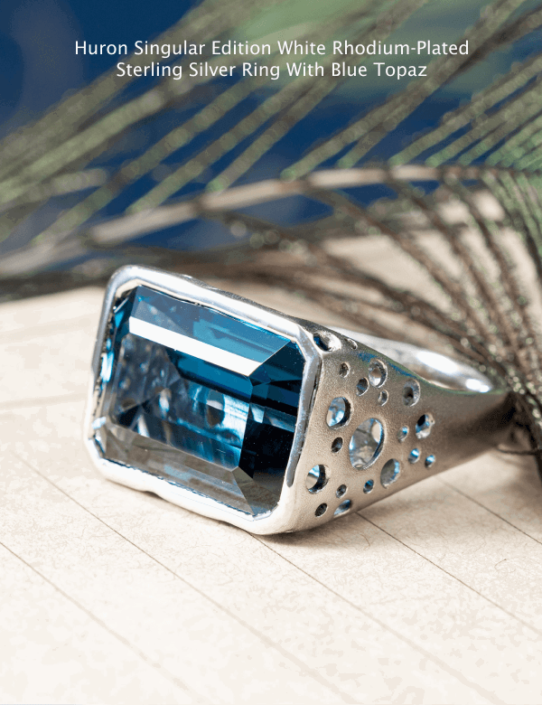 Huron Singular Edition White Rhodium-PlatedSterling Silver Ring With Blue Topaz