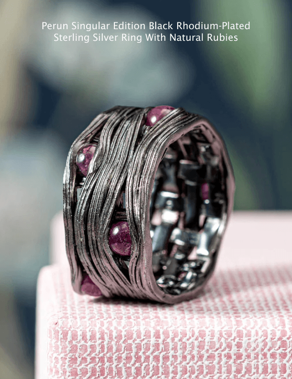Perun Singular Edition Black Rhodium-Plated Sterling Silver Ring With Natural Rubies