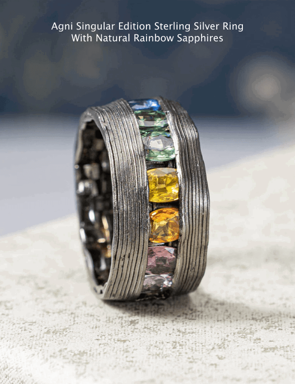 Agni Singular Edition Sterling Silver RingWith Natural Rainbow Sapphires