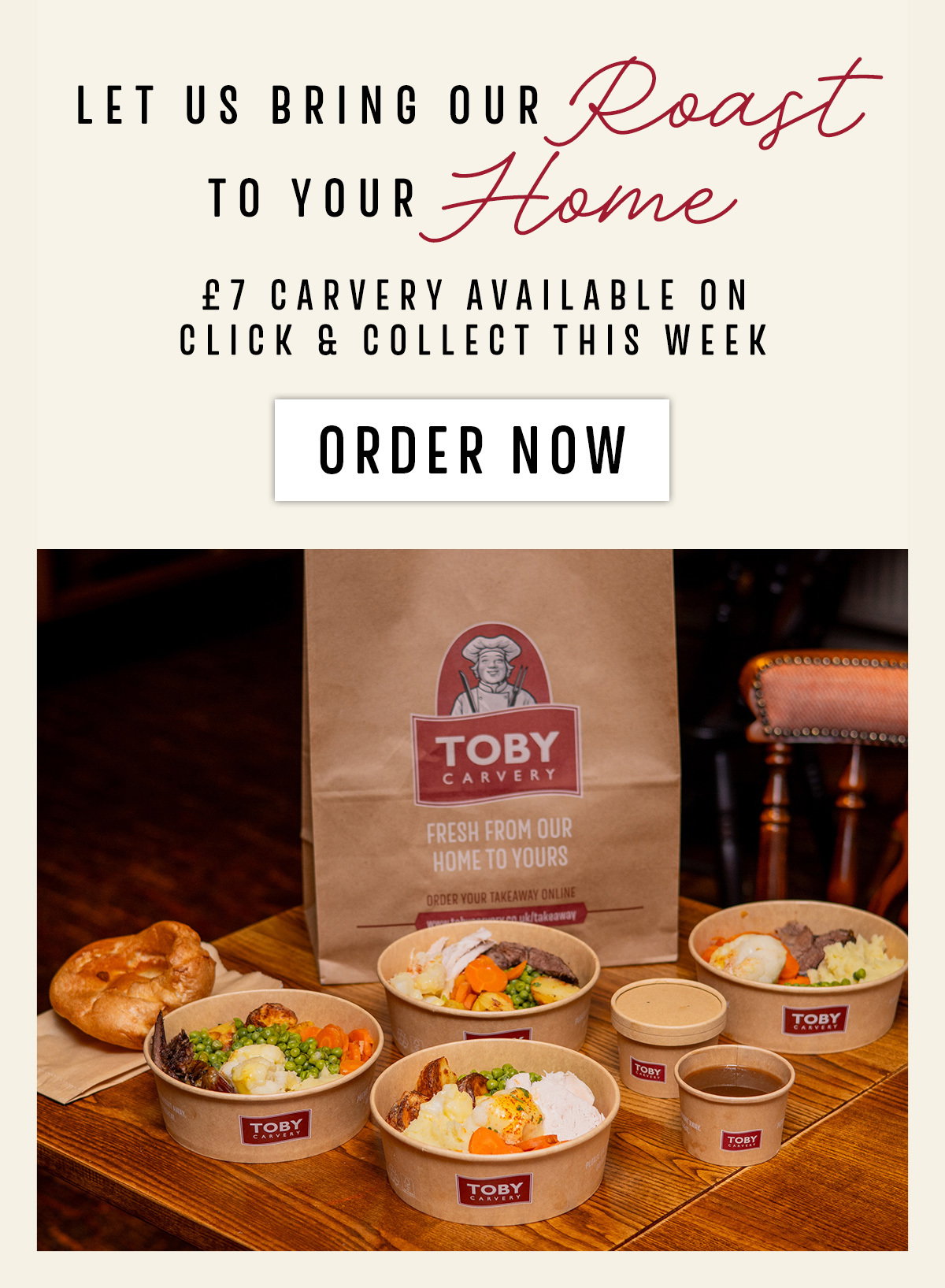 Let us bring our roast to your home. £7 carvery available on Click & Collect this week