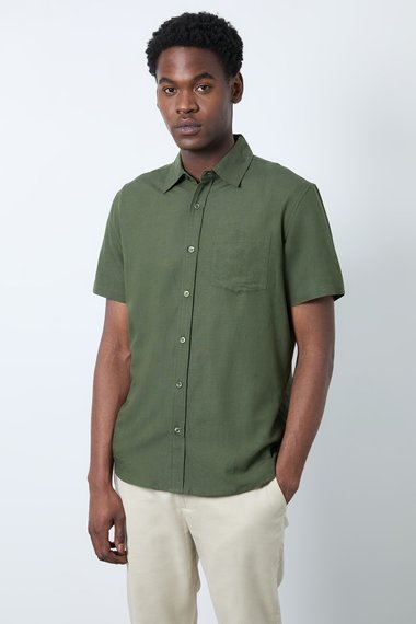 Dark Green Linen Blend Short Sleeve Shirt