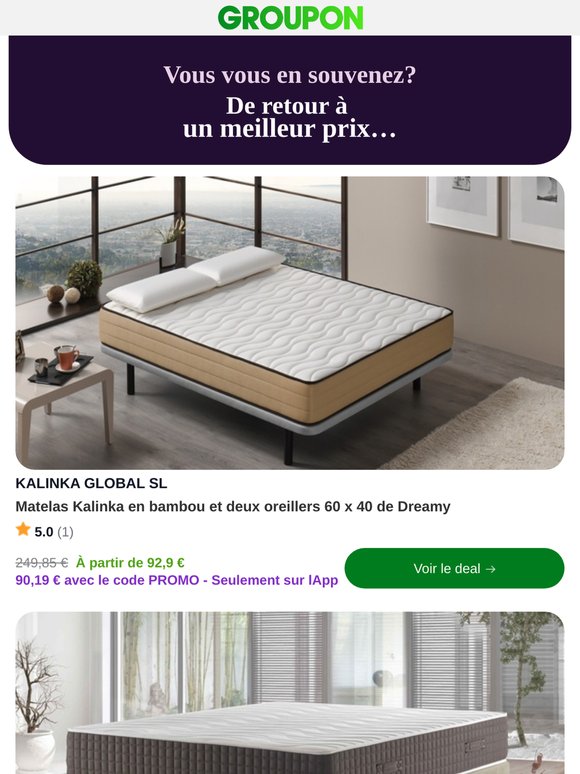 Matelas Kalinka en bambou et deux oreillers 60 x 40 de Dreamy est maintenant moins cher! Découvrez-le.