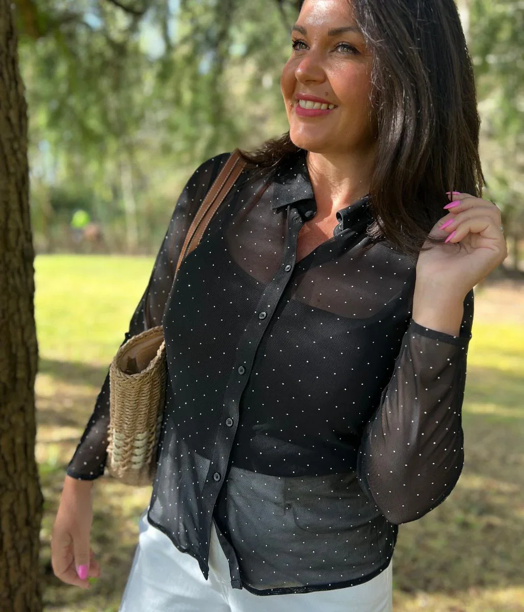 Image of Black Mesh Embellished Shirt