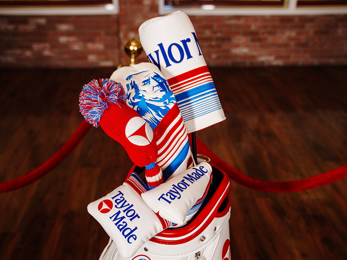 Close up photo of the Liberty Lines staff bag with the full suite of headcovers inside of it