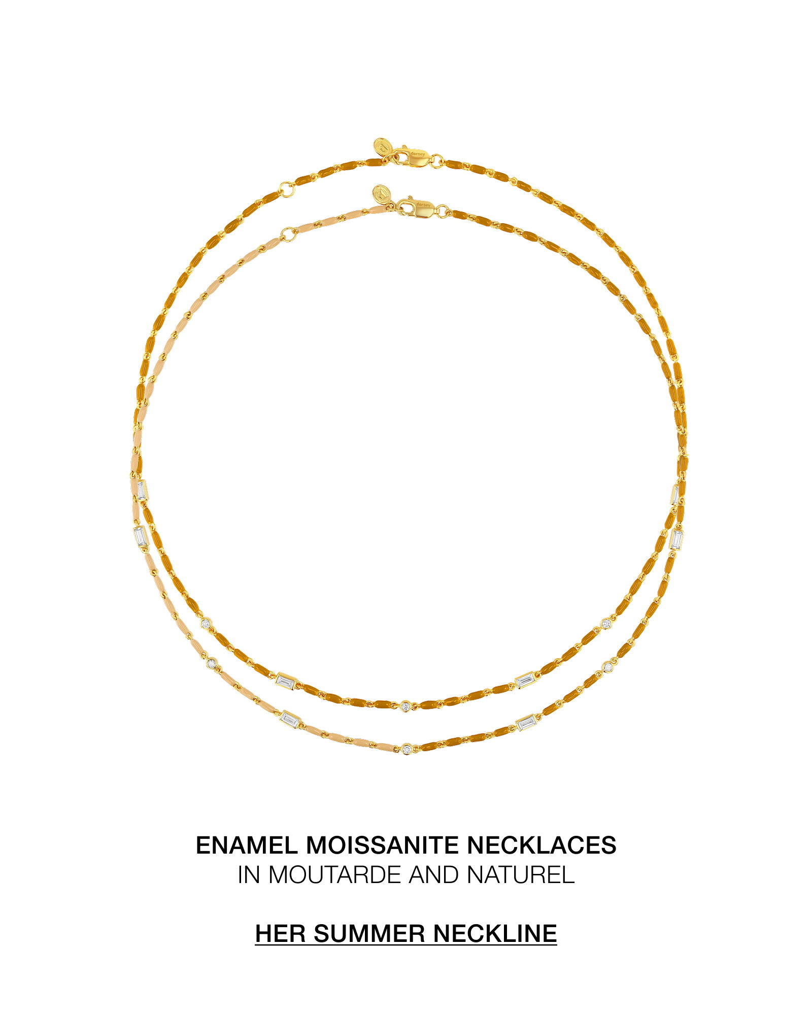 Layer Enamel necklaces in Moutarde and Naturel. Shop her summer neckline.