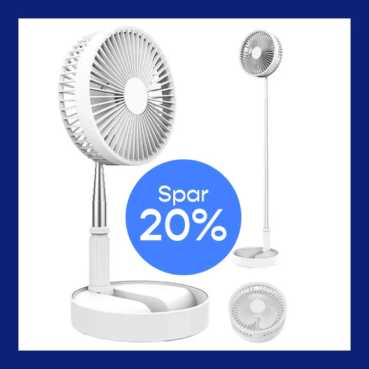 Oppladbar sammenleggbar vifte 70 cm - Bærbar gulvvifte/bordvifte med batteri hvit