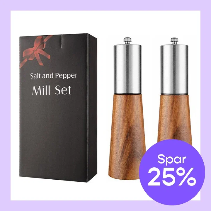 Salt- og pepperkvern i tre og rustfritt stål, 2 deler