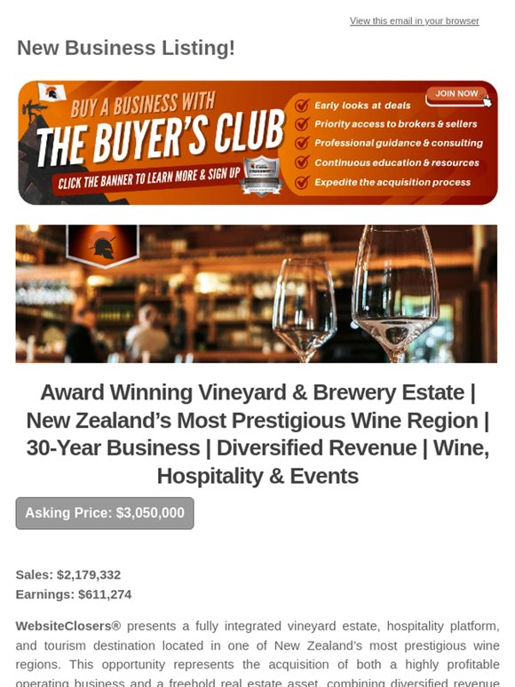 New Deal Alert: Award Winning Vineyard & Brewery Estate | New Zealand's Most Prestigious Wine Region | 30-Year Business | Diversified Revenue