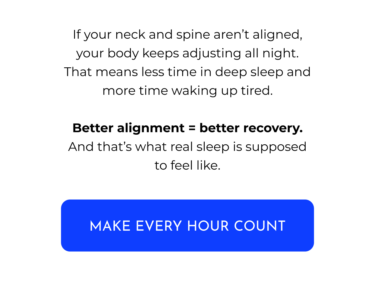 If your neck and spine aren't aligned, your body keeps adjusting all night. That means less time in deep sleep and more time waking up tired. Better alignment = better recovery. And that's what real sleep is supposed to feel like. MAKE EVERY HOUR COUNT